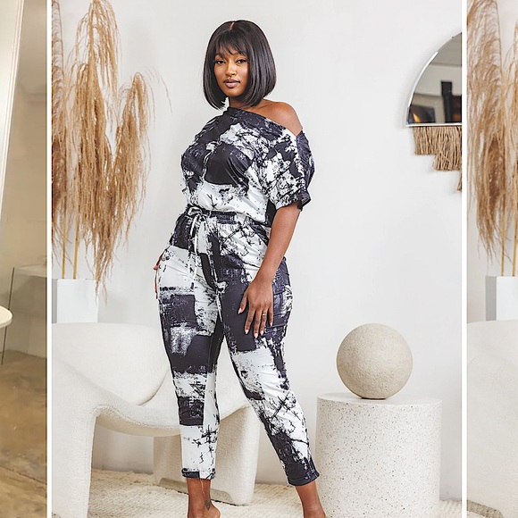 OFF SHOULDER ABSTRACT KNIT JUMPSUIT - Picture 1 of 5